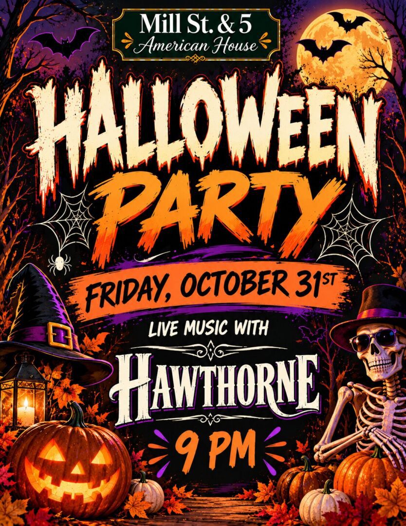 Vintage Halloween Party Poster with Skeleton and Pumpkins